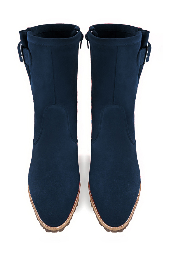 Navy blue women's ankle boots with buckles on the sides. Round toe. Medium block heels. Top view - Florence KOOIJMAN